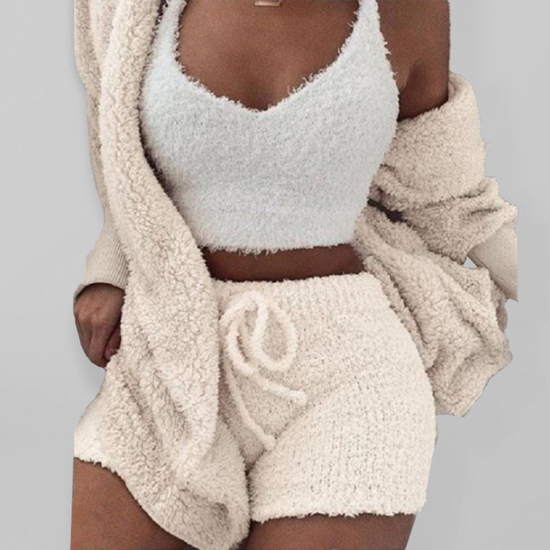Women's Solid Color Warm Fuzzy Fleece Faux Sherpa 3 Piece Pajamas