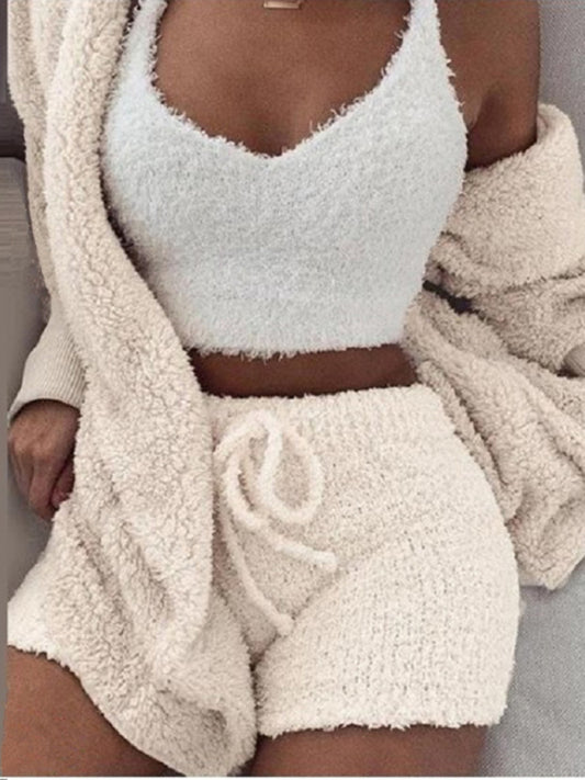 Women's Solid Color Warm Fuzzy Fleece Faux Sherpa 3 Piece Pajamas