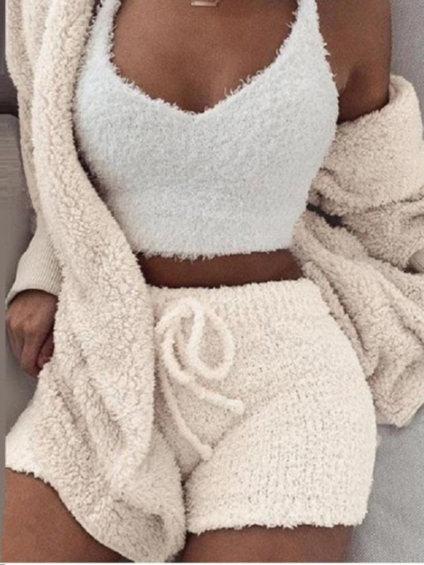 Women's Solid Color Warm Fuzzy Fleece Faux Sherpa 3 Piece Pajamas