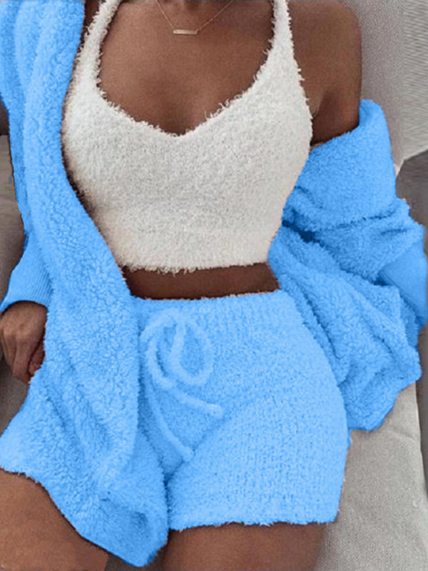 Women's Solid Color Warm Fuzzy Fleece Faux Sherpa 3 Piece Pajamas