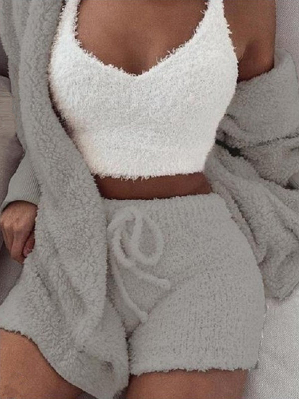 Women's Solid Color Warm Fuzzy Fleece Faux Sherpa 3 Piece Pajamas