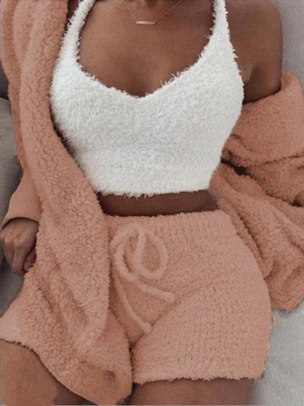 Women's Solid Color Warm Fuzzy Fleece Faux Sherpa 3 Piece Pajamas