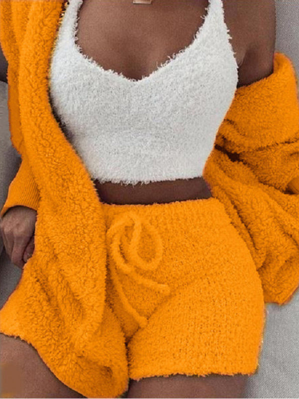 Women's Solid Color Warm Fuzzy Fleece Faux Sherpa 3 Piece Pajamas