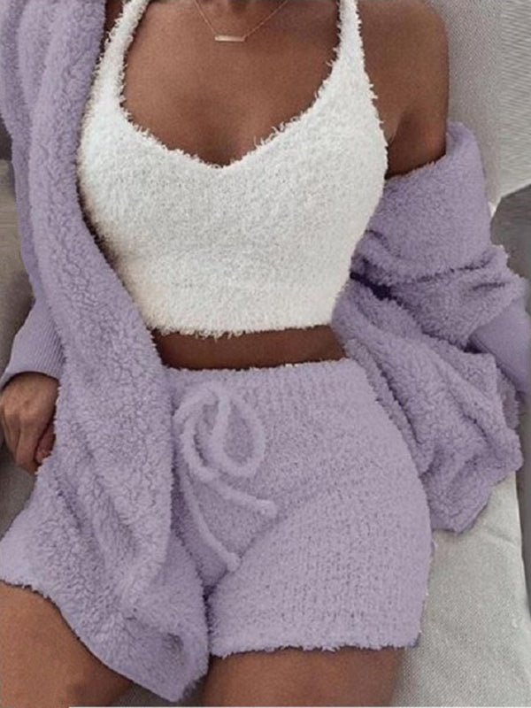 Women's Solid Color Warm Fuzzy Fleece Faux Sherpa 3 Piece Pajamas