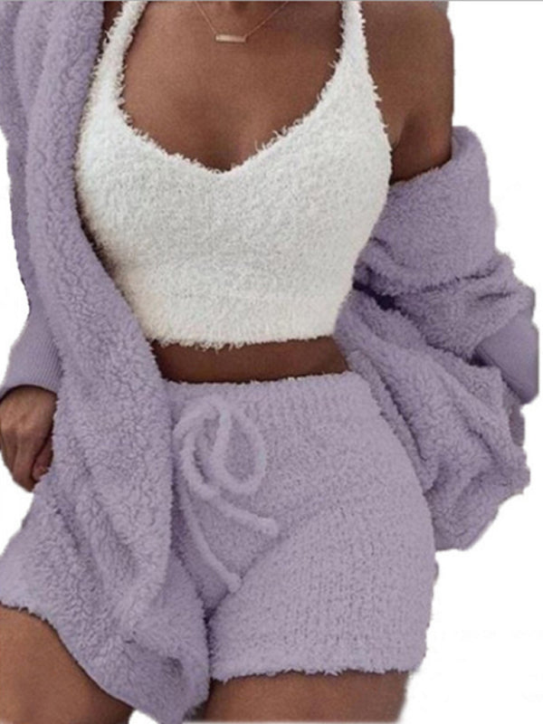 Women's Solid Color Warm Fuzzy Fleece Faux Sherpa 3 Piece Pajamas
