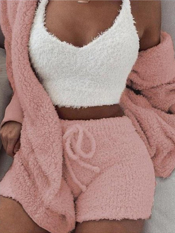 Women's Solid Color Warm Fuzzy Fleece Faux Sherpa 3 Piece Pajamas