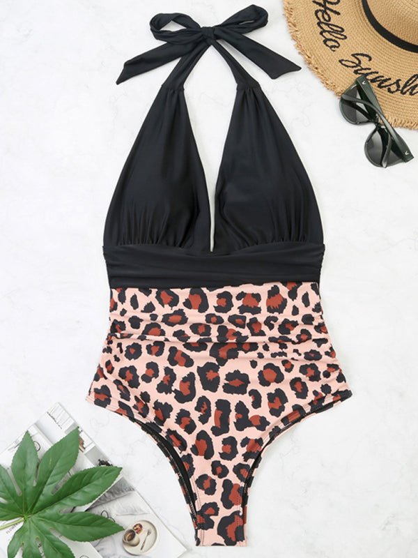 Swimsuit women's one-piece halter sexy color-block belly-covering bikini swimsuit