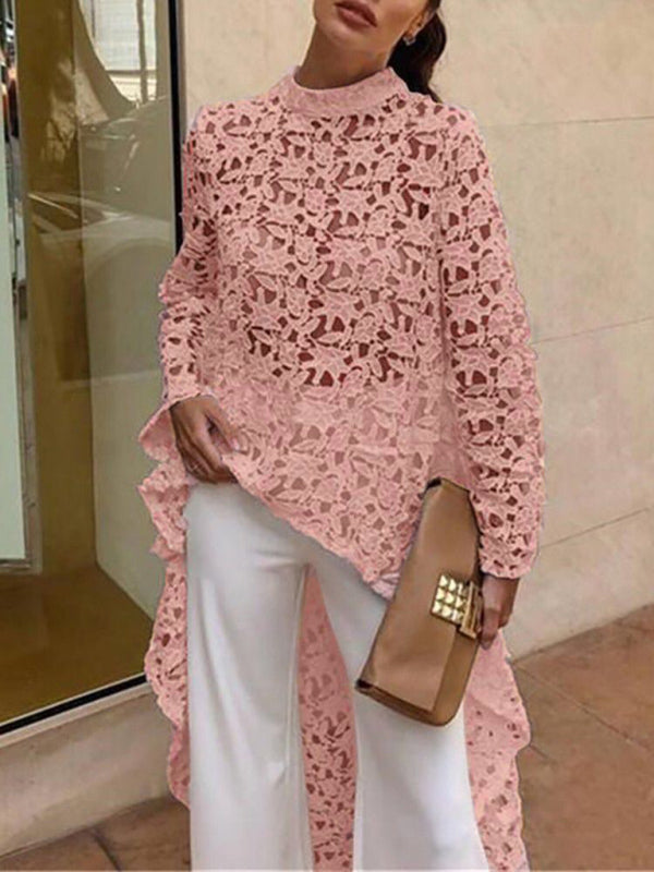 Ladies New Fashion Irregular Sexy Lace Long Sleeve Dress Tops