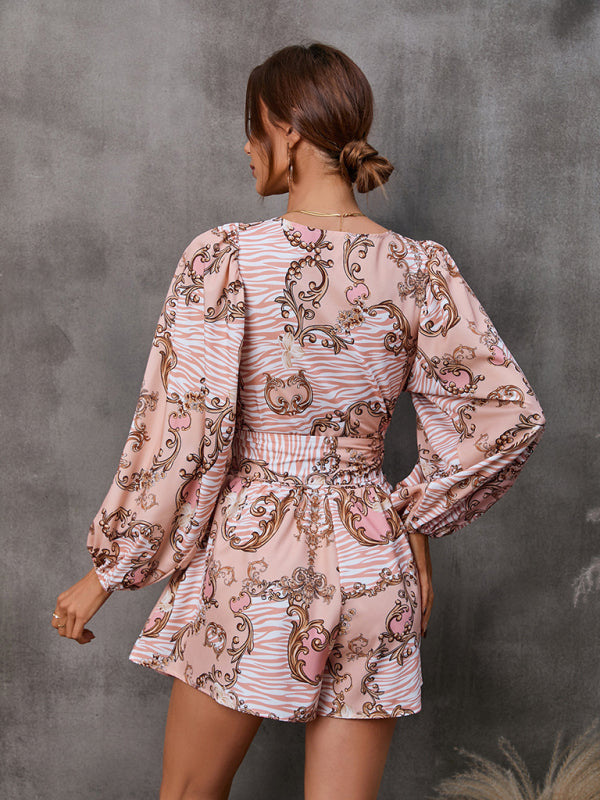 New women's hollowed-out long-sleeved shorts V-neck jumpsuit