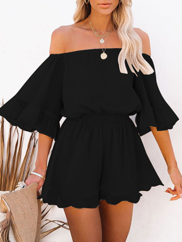 New splicing short-sleeved loose-fitting solid-color chiffon jumpsuit
