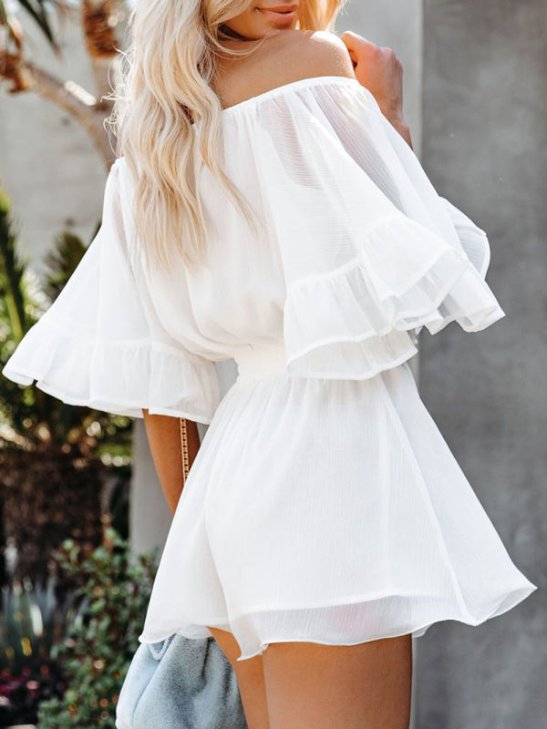 New splicing short-sleeved loose-fitting solid-color chiffon jumpsuit