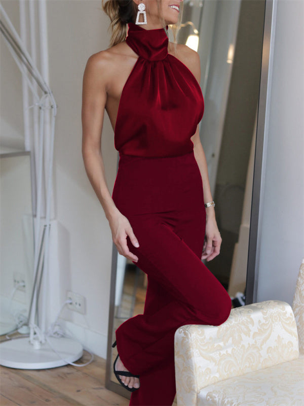Women's Sexy Temperament Solid Color Halter Neck Backless Slim Jumpsuit