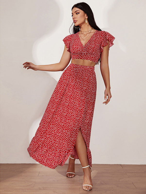 Women's polka dot print V-neck top + skirt two-piece set