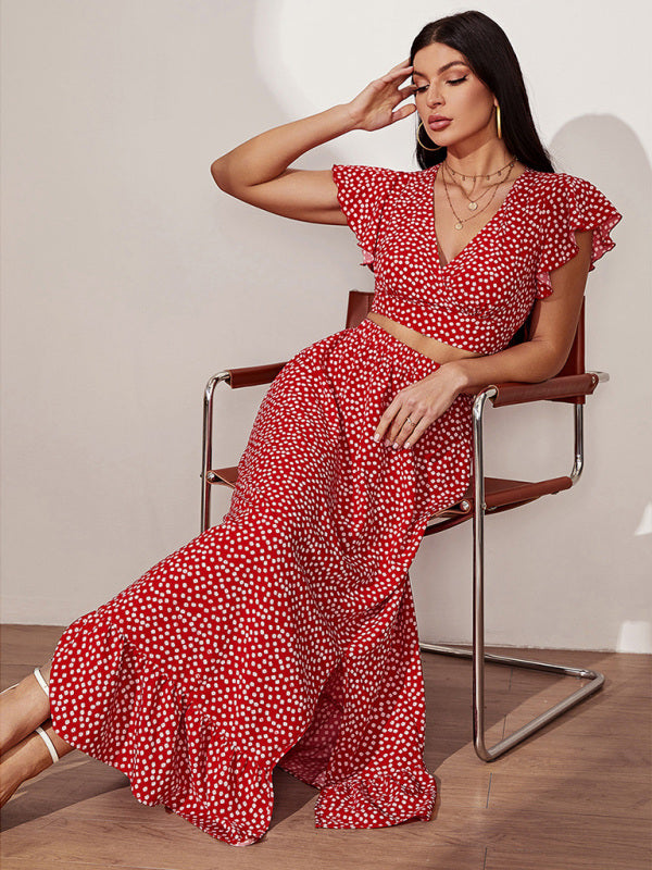Women's polka dot print V-neck top + skirt two-piece set