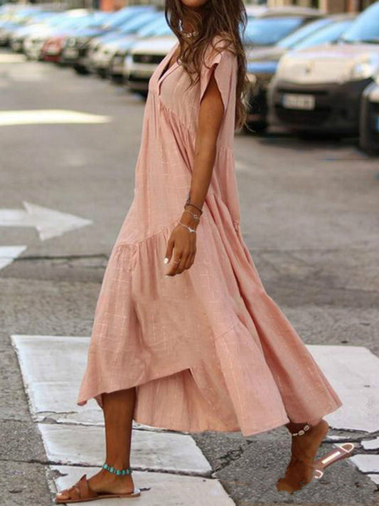 Women's Solid Color V-Neck Irregular Long Swing Dress