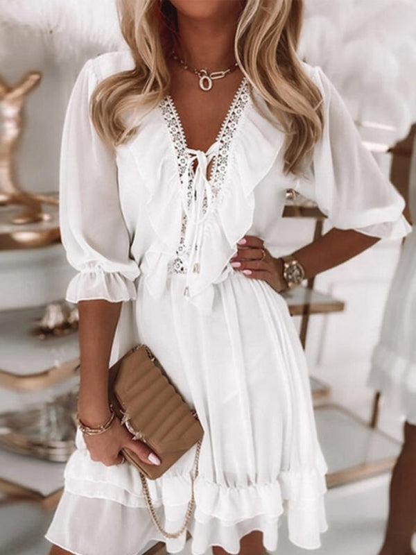 Women's Solid Color Tie Neck Puff Sleeve Ruffle Mini Dress