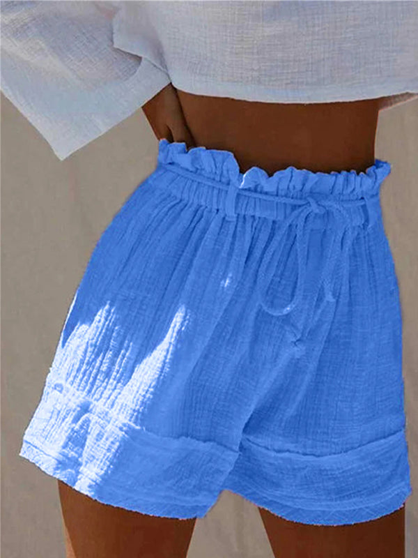 Solid Loose Pleated Elastic Waist High Waist Cotton Linen Shorts Hot Pants
