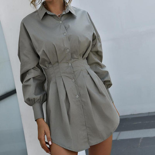 Ladies Gathered Waist Long Sleeve Shirt Dress