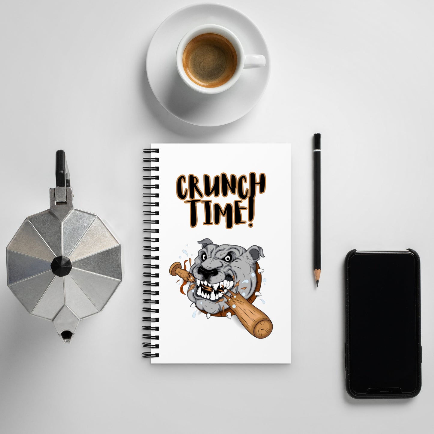 CRUNCH TIME! BULL DOG CRUNCHING A BAT PICTURE Spiral notebook