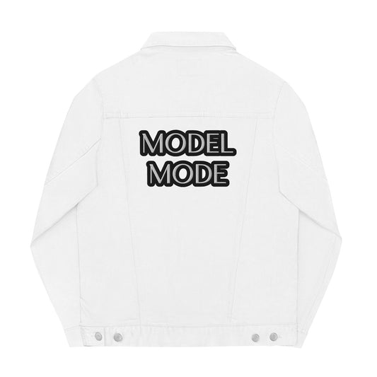 MODEL MODE IN WHITE WITH BLACK OUTLINE WRITING Unisex denim jacket