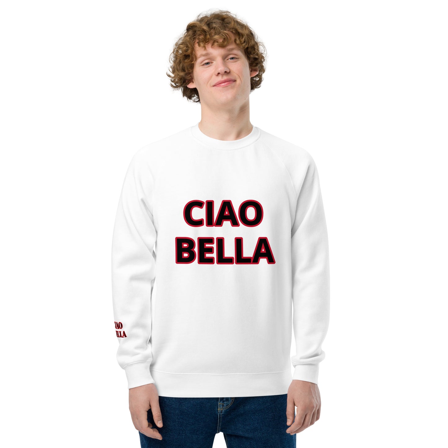 CIAO BELLA   ( RED AND BLACK WRITING)- Unisex raglan sweatshirt