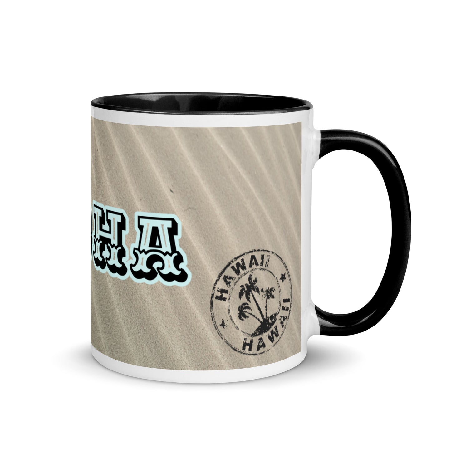 ALOHA Mug with HAWAIIN STAMP DESIGN & BLACK Color Inside