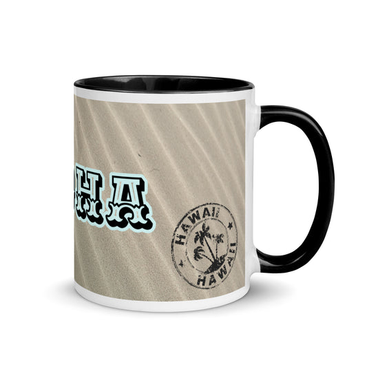 ALOHA Mug with HAWAIIN STAMP DESIGN & BLACK Color Inside