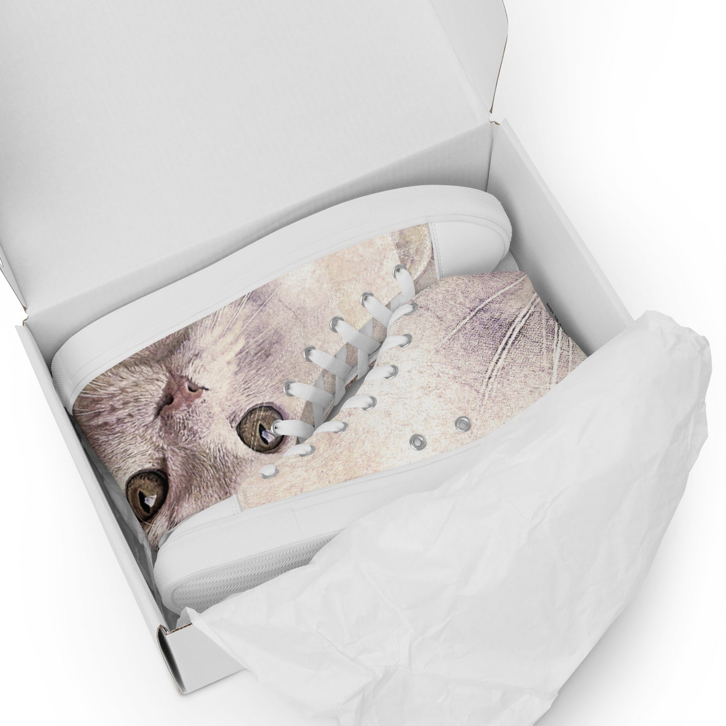 THE CAT'S MEOW A WHITE CAT PICTURED ON Women’s high top canvas shoes