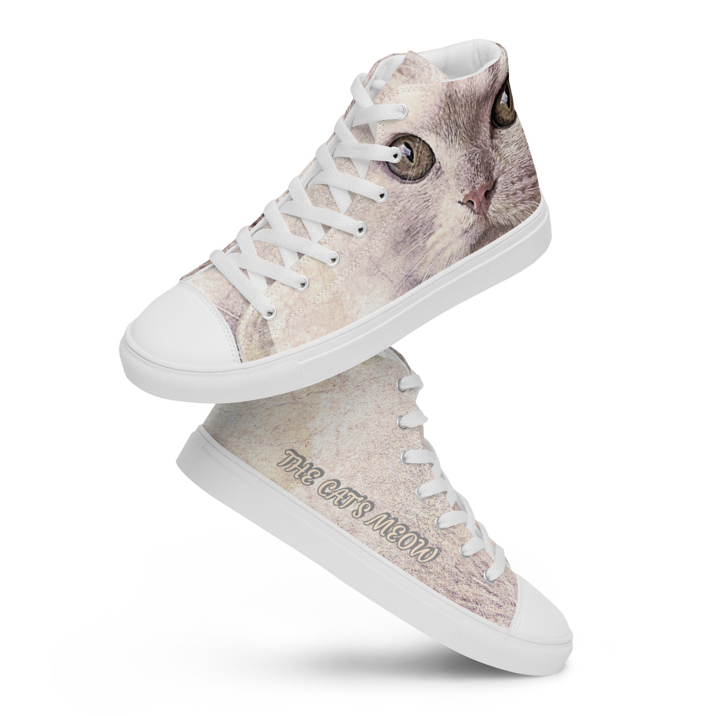 THE CAT'S MEOW A WHITE CAT PICTURED ON Women’s high top canvas shoes