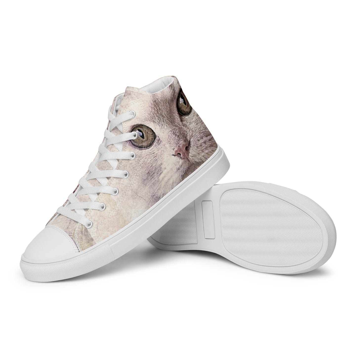 THE CAT'S MEOW A WHITE CAT PICTURED ON Women’s high top canvas shoes