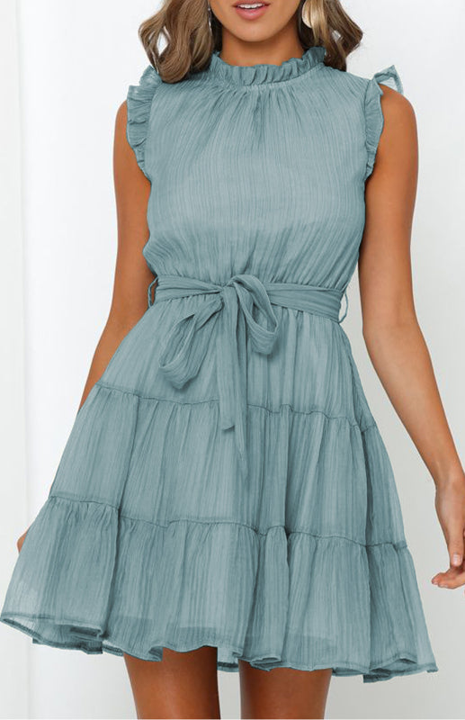 Women's Frilled Neck Sleeveless Tiered Tulle Dress
