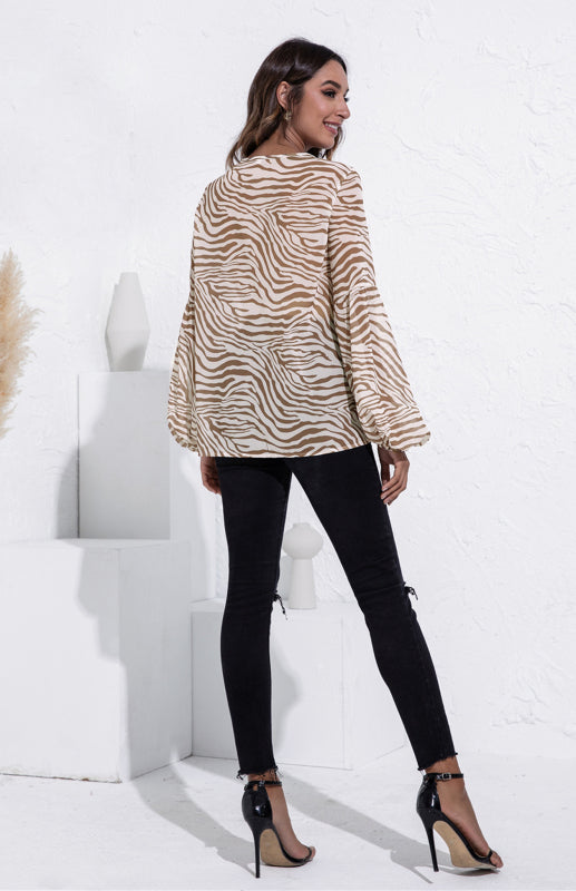 Women's Leopard V-Neck Long Sleeve Tie Print Puff Sleeve Chiffon Shirt