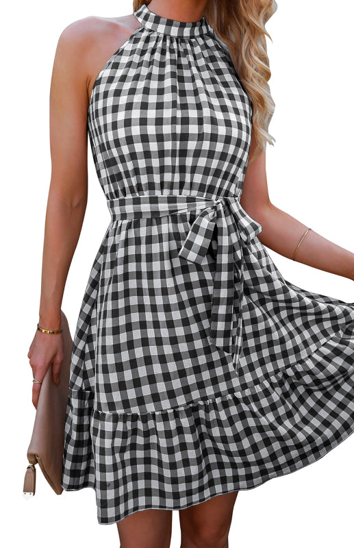 Ladies Spring Summer Fashion Wrap Chest Sleeveless Ruffle Plaid Dress