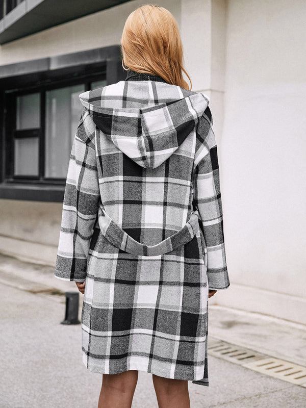 Loose Casual Checked Mid-Length Belted Hooded Wool Coat