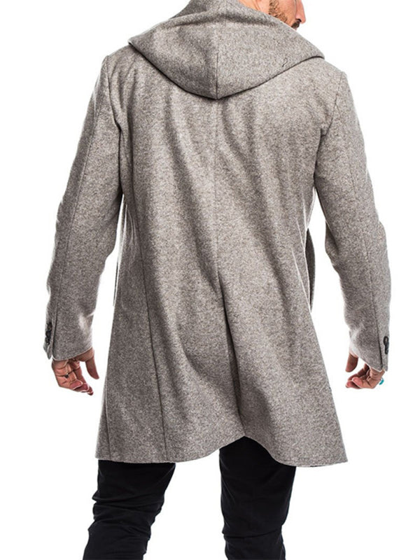 Men's Fashion Long Trench Coat Fleece Hooded Wool Jacket