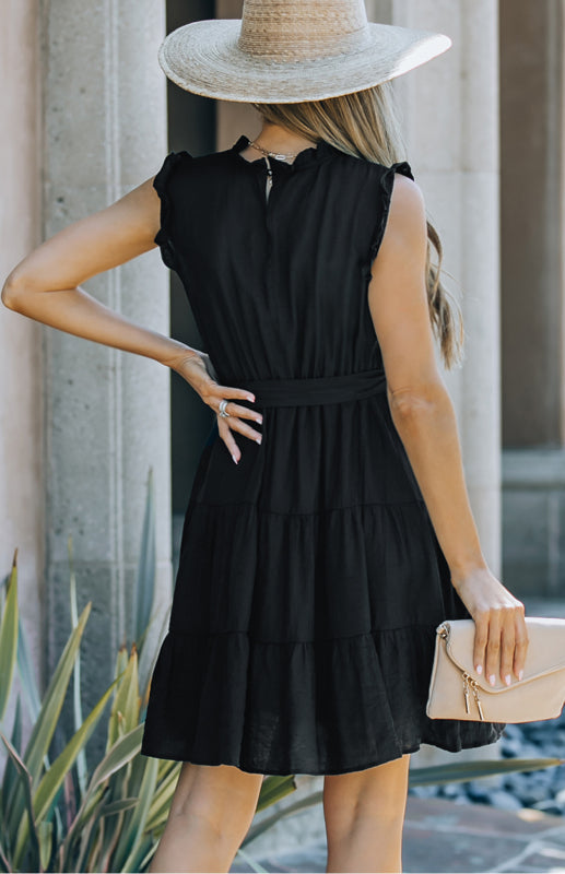 Women's Frilled Neck Sleeveless Tiered Tulle Dress