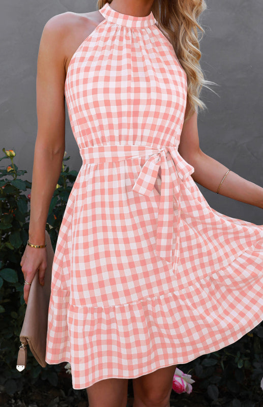 Ladies Spring Summer Fashion Wrap Chest Sleeveless Ruffle Plaid Dress