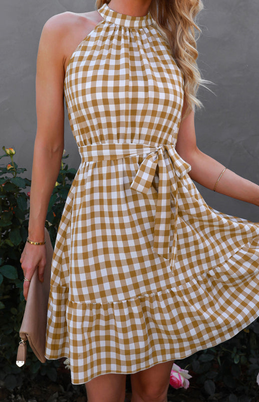 Ladies Spring Summer Fashion Wrap Chest Sleeveless Ruffle Plaid Dress