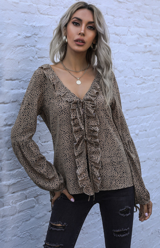 Women's Loose Leopard-Print V-Neck Long-Sleeve Chiffon Shirt With Ruffle Trim