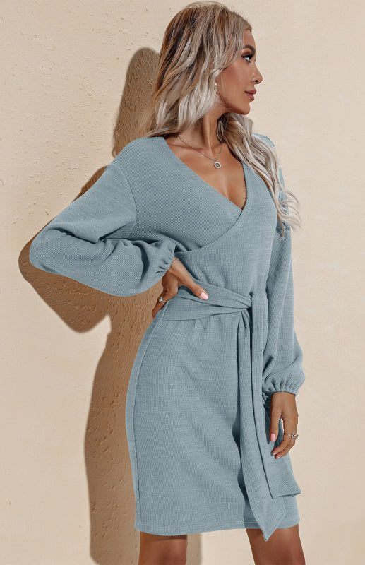 Women's Autumn And Winter New Long-Sleeved Hip V-Neck Tie Solid Color Dress