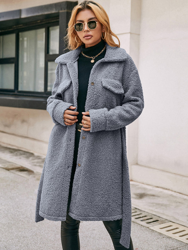 Mid-Length Lapel Belted Single-Breasted Woolen Coat