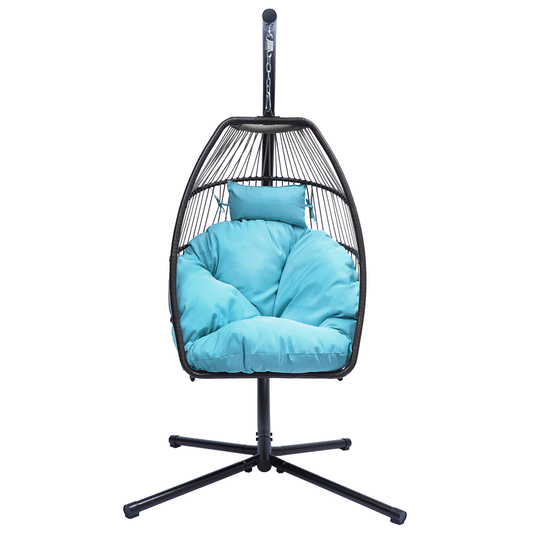 Patio Wicker folding Hanging Chair,Rattan Swing Hammock Egg Chair with C Type bracket , with cushion and pillow,for Indoor,OutdoorBlue