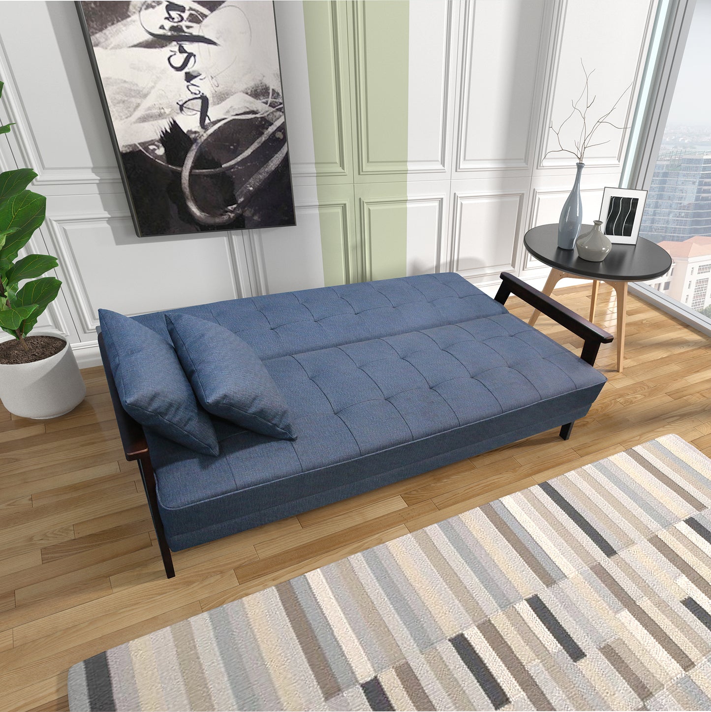 Natural fiber casting leather futon sofa bed with wood armrest