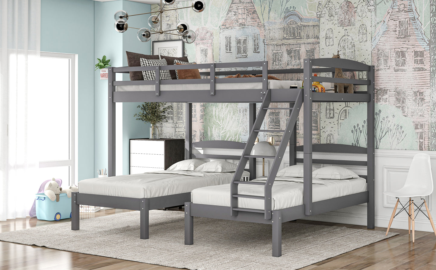 Full over Twin & Twin Bunk Bed,Triple Bunk Bed, Gray(Expected Arrival Time:1.25)