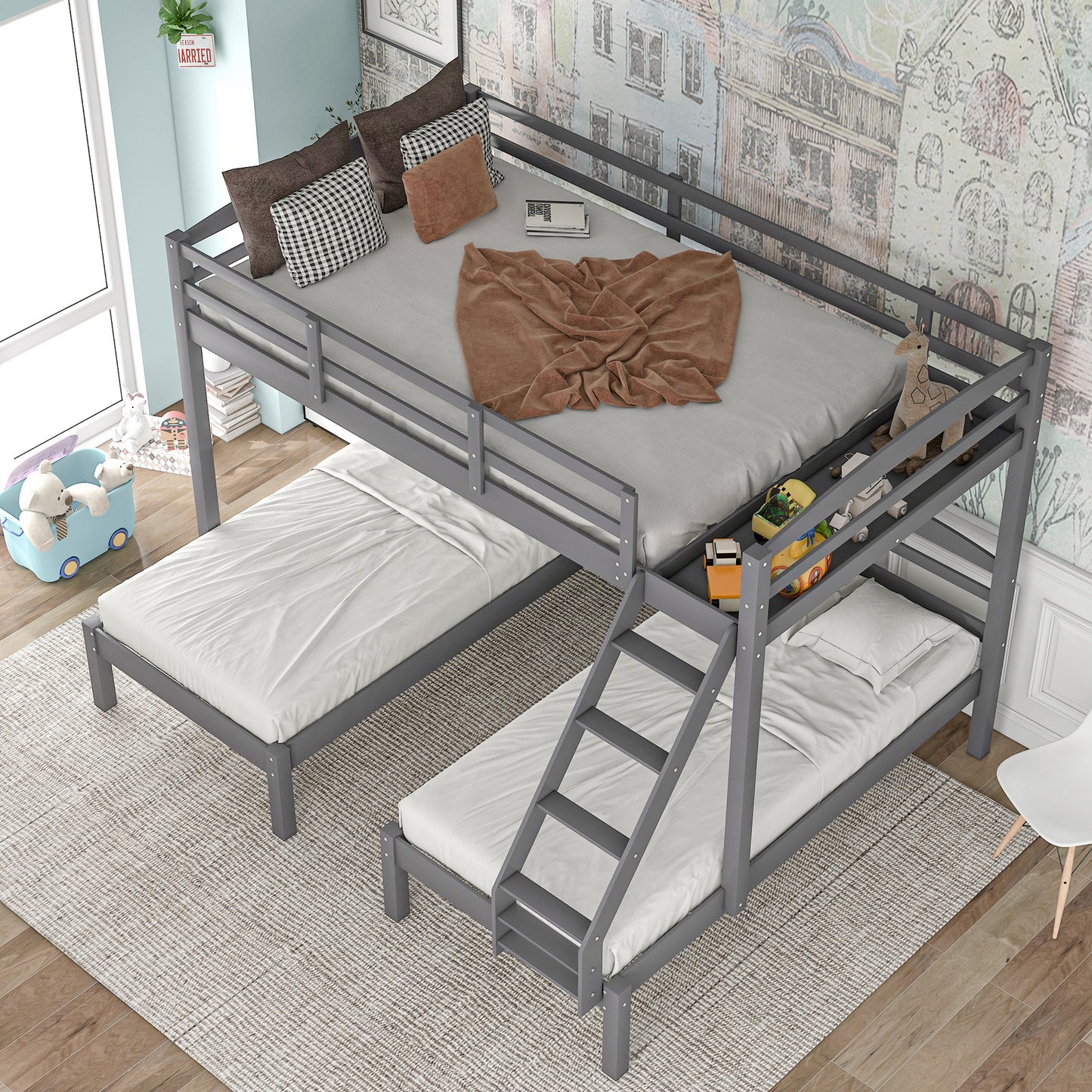 Full over Twin & Twin Bunk Bed,Triple Bunk Bed, Gray(Expected Arrival Time:1.25)