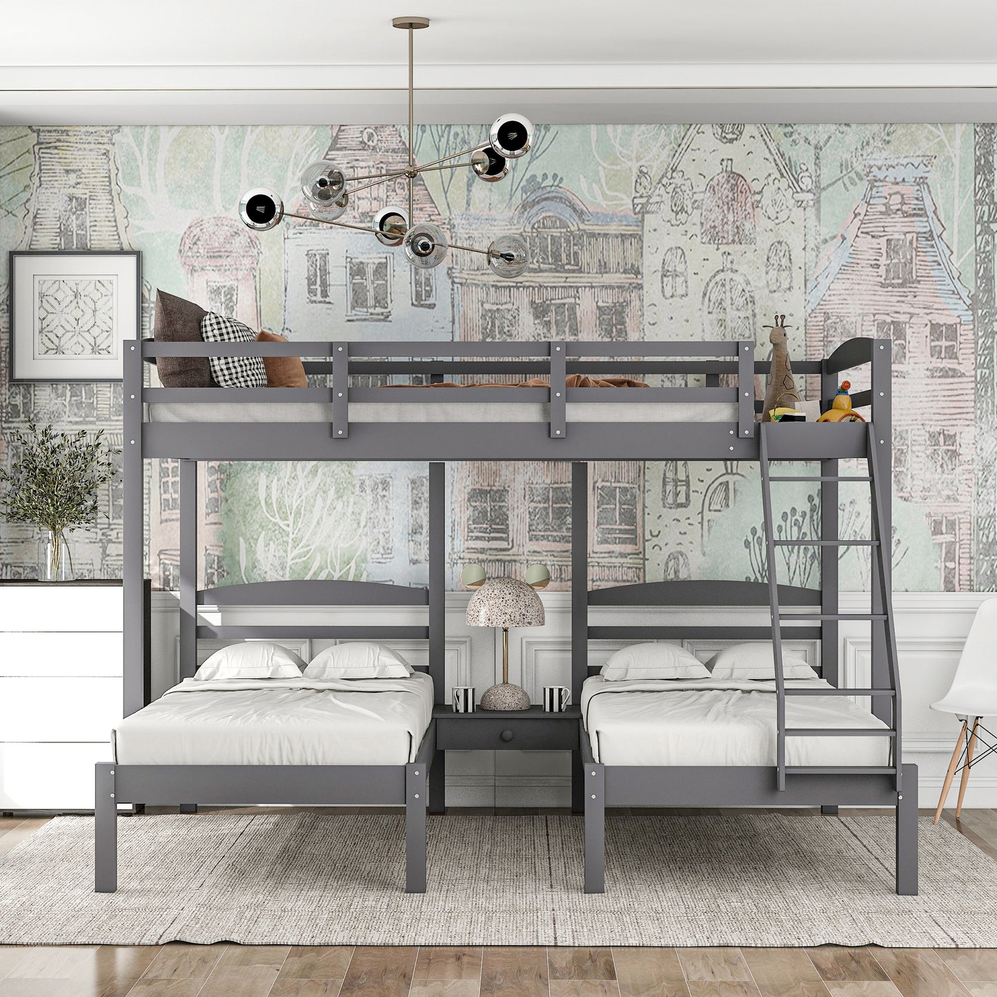 Full over Twin & Twin Bunk Bed,Triple Bunk Bed, Gray(Expected Arrival Time:1.25)