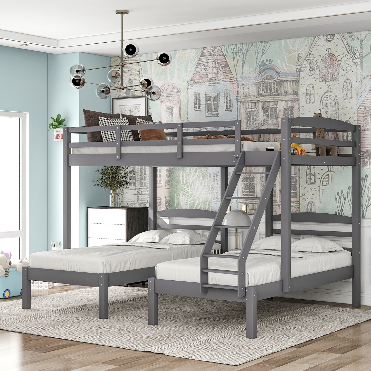 Full over Twin & Twin Bunk Bed,Triple Bunk Bed, Gray(Expected Arrival Time:1.25)