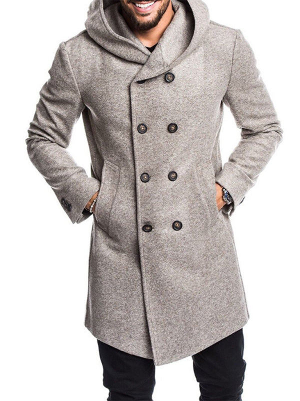 Men's Fashion Long Trench Coat Fleece Hooded Wool Jacket