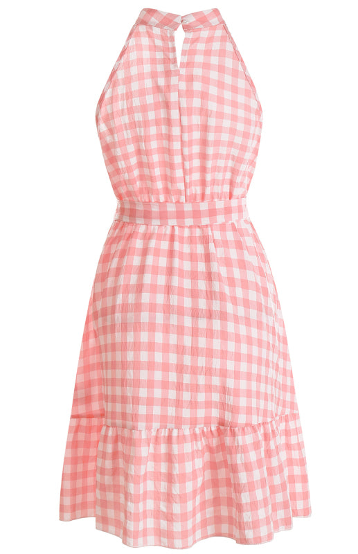 Ladies Spring Summer Fashion Wrap Chest Sleeveless Ruffle Plaid Dress