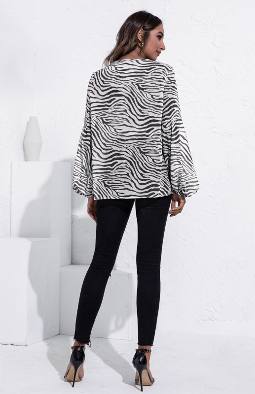 Women's Leopard V-Neck Long Sleeve Tie Print Puff Sleeve Chiffon Shirt